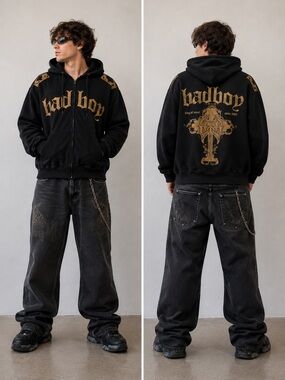 Bad Boy Pro Series MMA Hoodie Black Full Zip - Black & Metallic Gold - Y2K - XXL